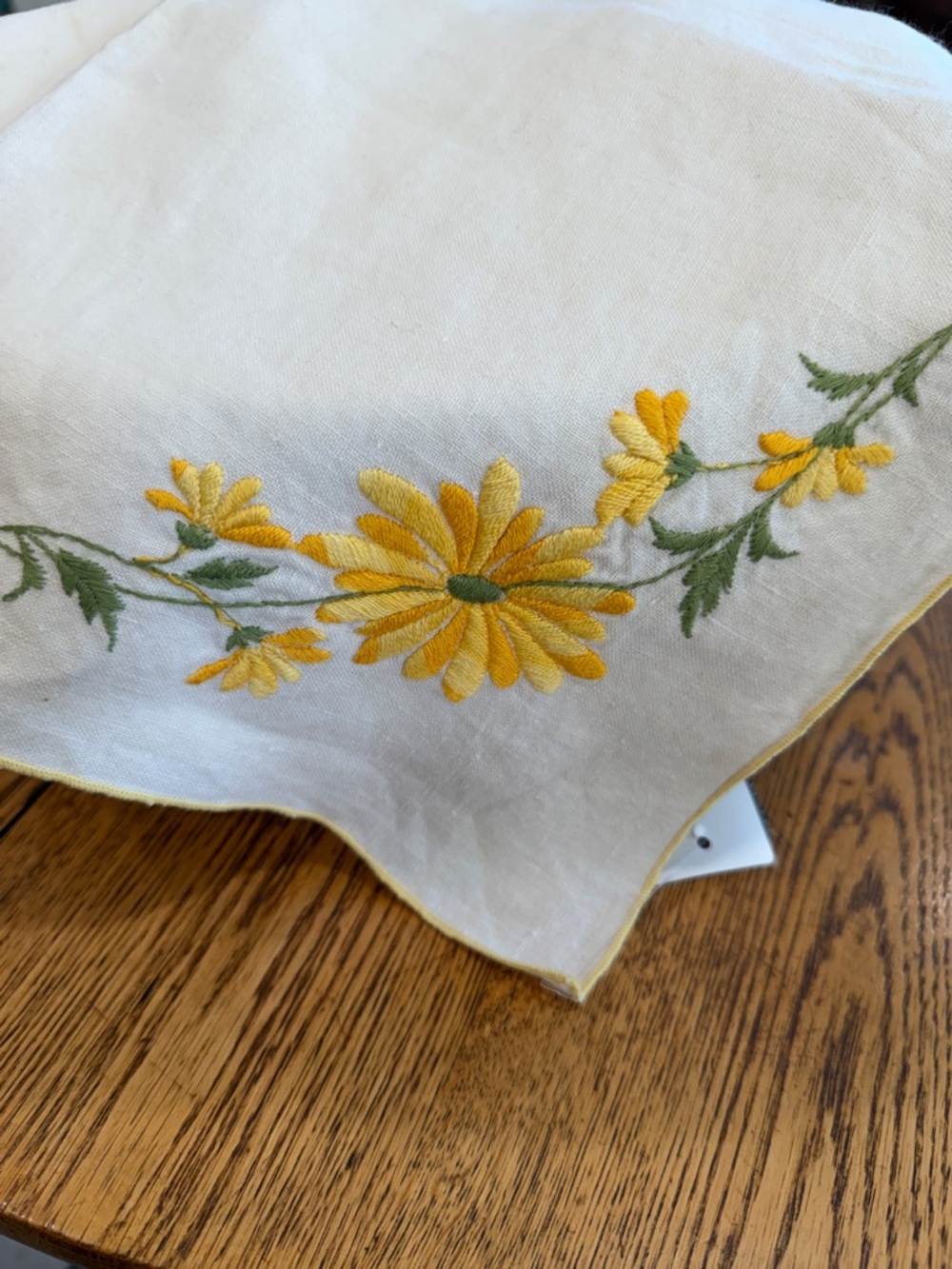 Vintage Embroidered Yellow Daisy Linen Tablecloth -